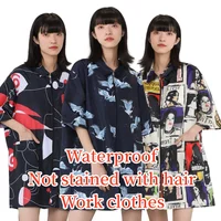 Waterproof Work Clothes Printing Graffiti Pattern Short Sleeve Non-stick Hair Anti Static Hair Salon Uniform Barber Shop Smocks 1