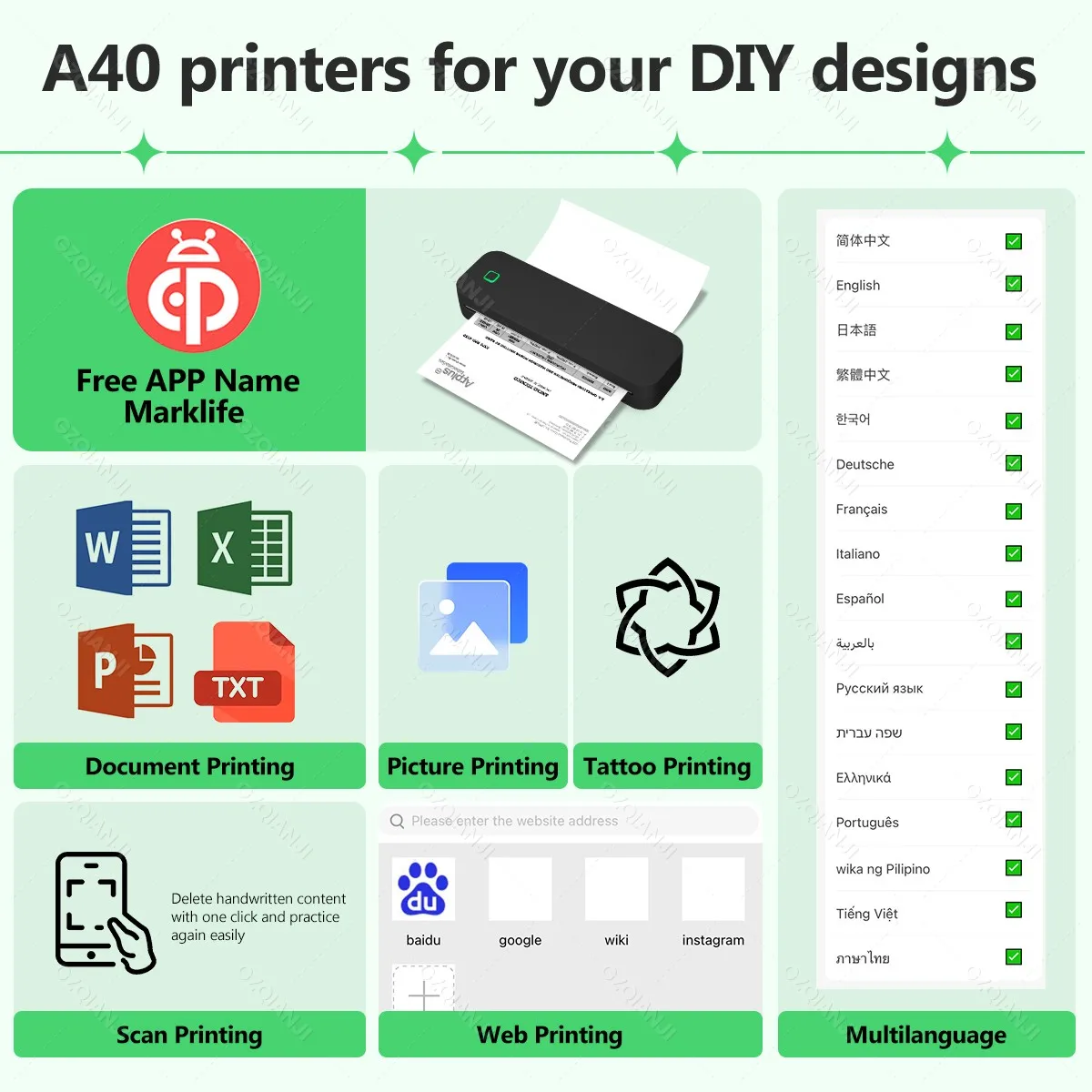 A4 ink-free Wireless Portable Printer Mobile Bluetooth Compatible with iOS Android Notebook Computers Maker For Photo PDF Print