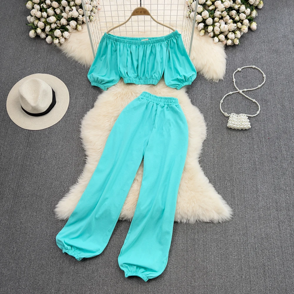 

Fashion Suits Women's One-shoulder Off-shoulder Tops Two-piece Sports Pants High-waisted Leggings Loose Casual Sweater Pants