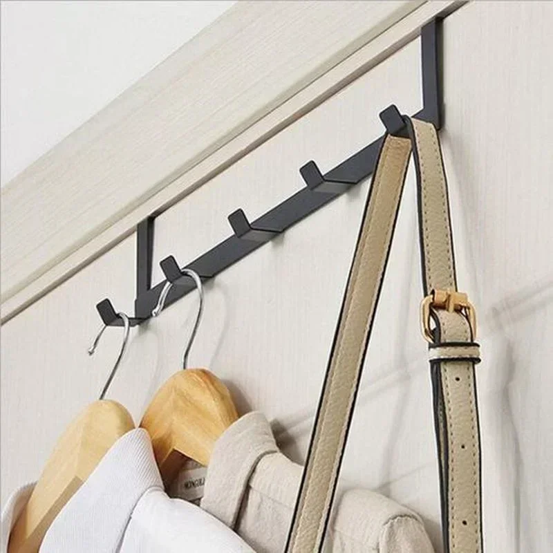 Large Load-bearing Hat Sundries Storage Rack Hook Behind The Door Punch-free Five-row Wrought Iron Clothes Bag Hook