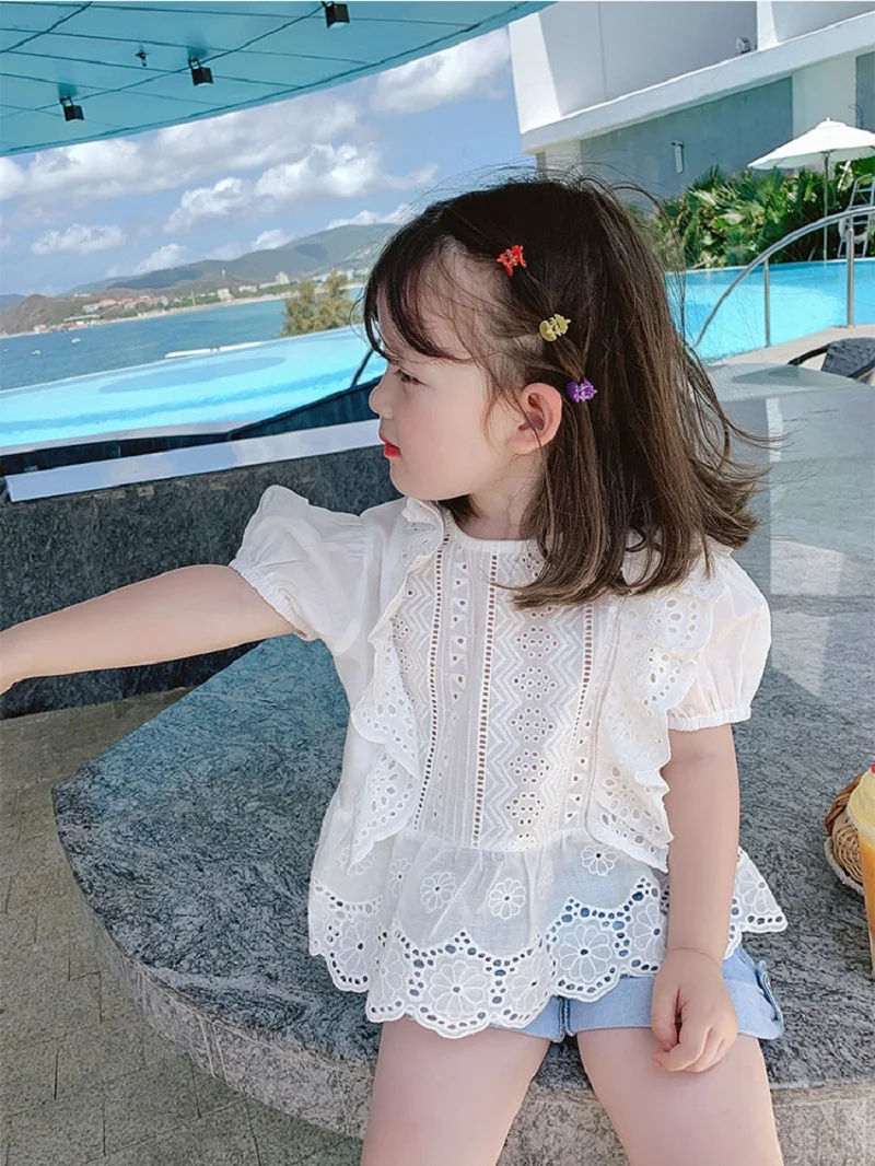 여아용 여름 코튼 스위트 레이스 패치워크 싱글 브레스트 백 할로우 자카드 셔츠, 어린이 블라우스, 어린이 복장 상의, 2-8 세