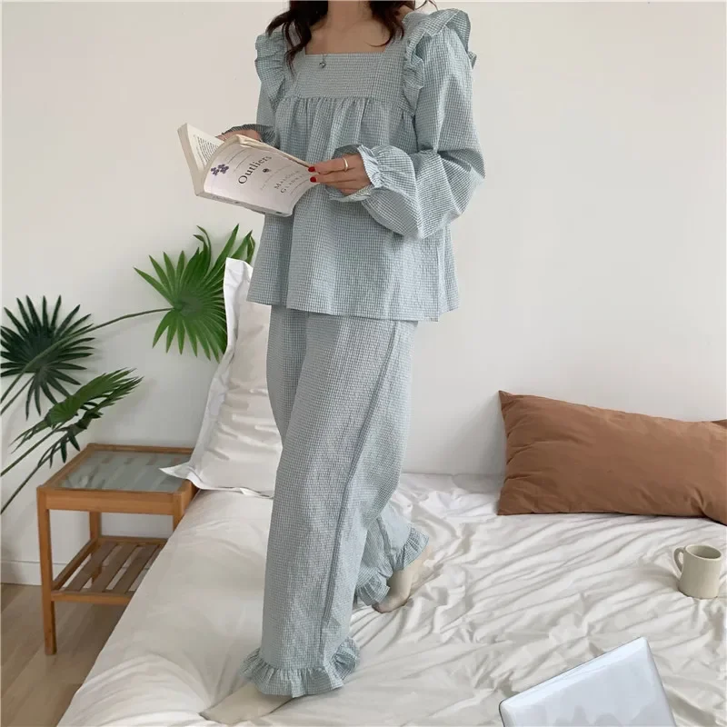 

Pajama Set Plaid Homewear Two Piece Set Women Sleepwear Long Sleeve Tops Pants Pyjama Loose Korean Ladies Home Suit Ruffles L617