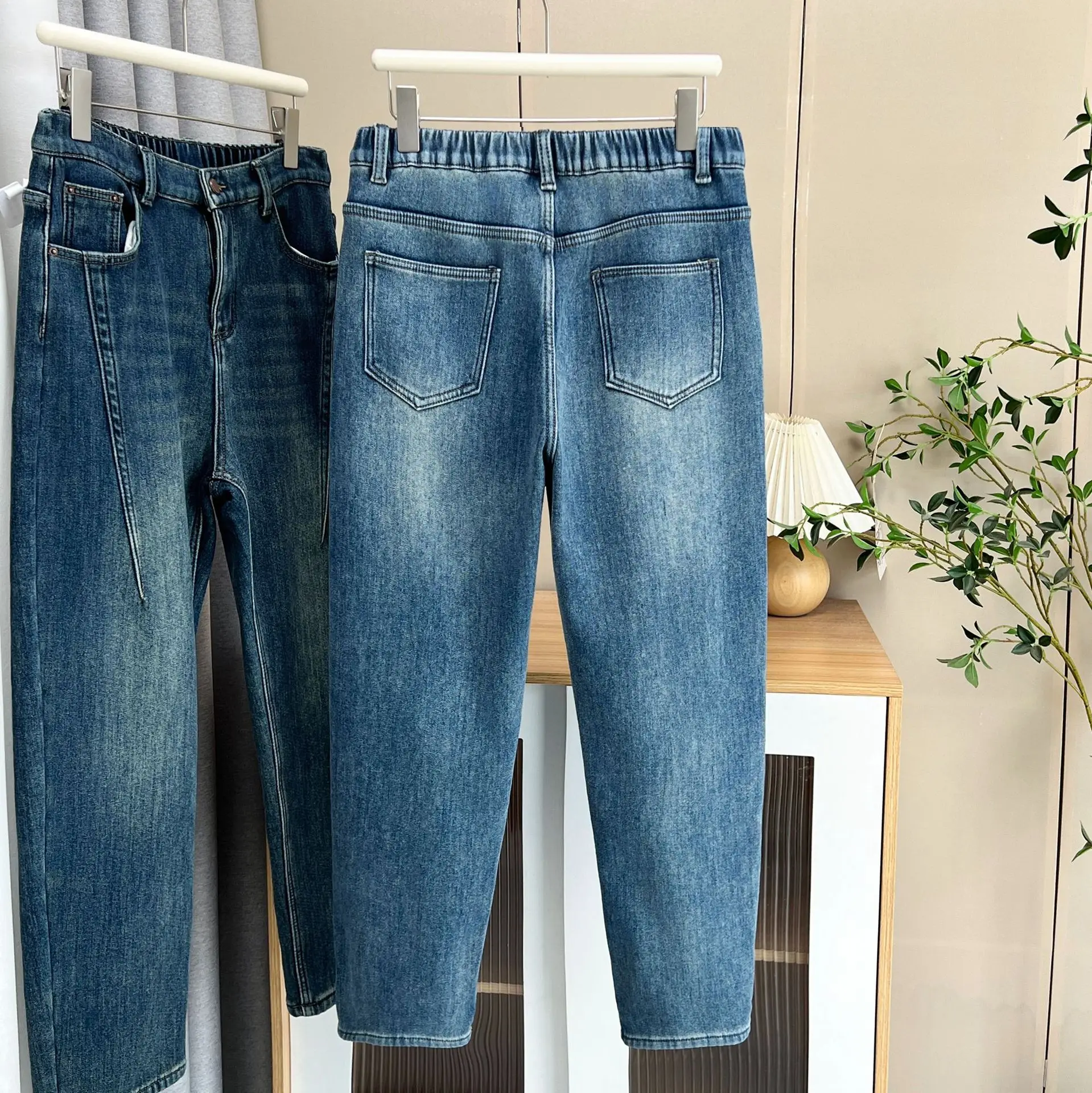 XXXXXL Fashion Plus Size Women's Jeans Winter New Style Simple Warm Fleece And Thickened Denim Ankle-Length Harem Pants 8951