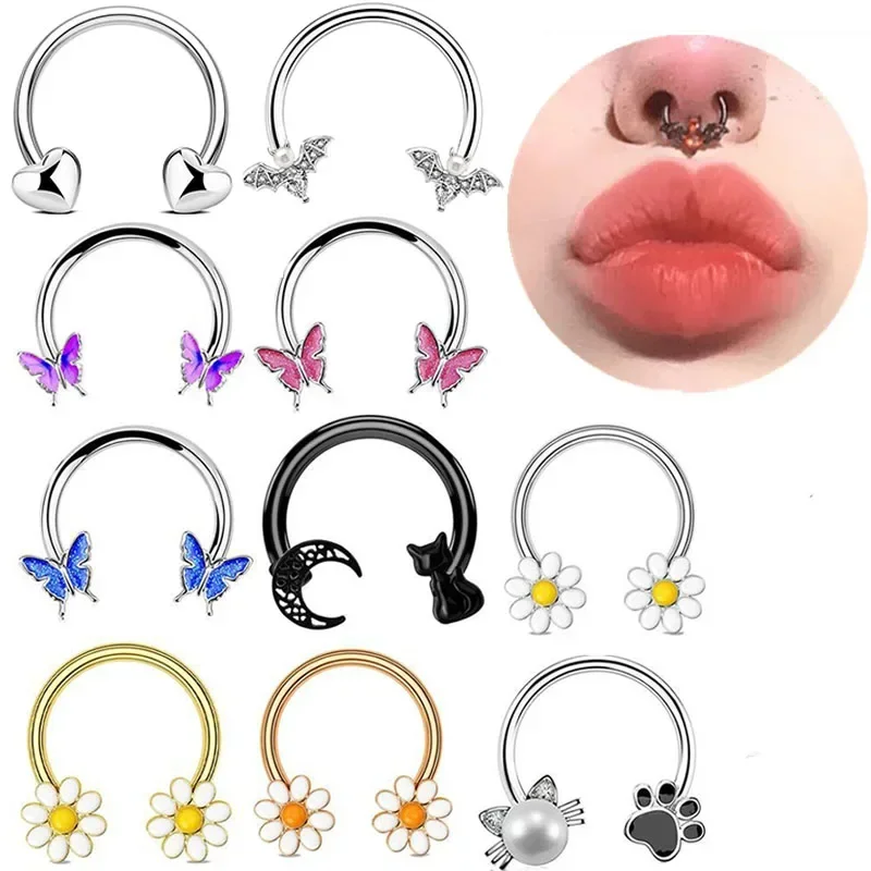 

16G Butterfly Nose Ring Pearl Cat Septum Ring Bee Bat Septum Piercing Blue Butterfly Helix Earring Stainless Steel Nose Ring