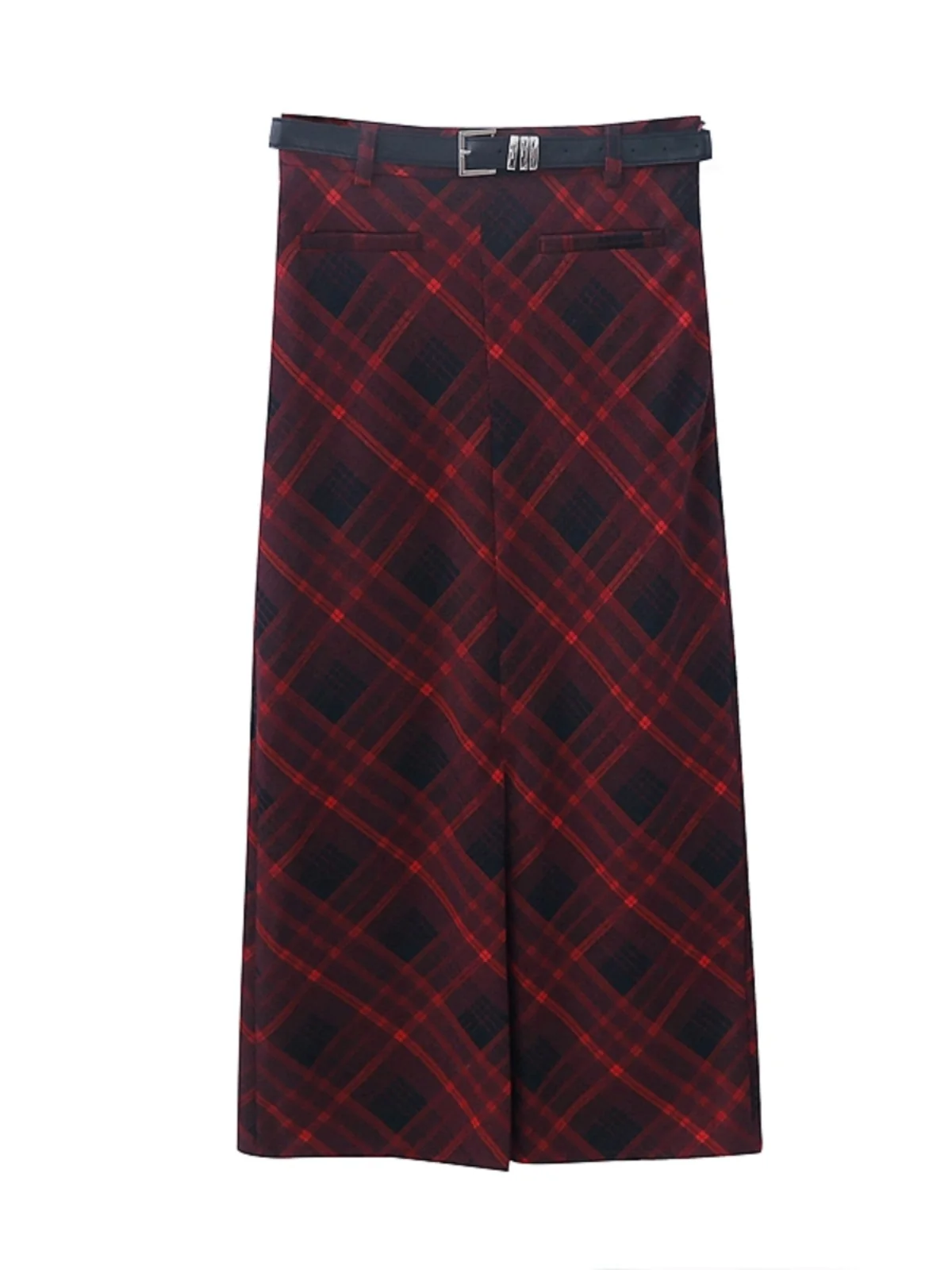 

Autumnn and Winter Retro Red Plaid Mid-length Skirts Women's High Waist Slimming A-line Temperament Versatile Skirt with Belt