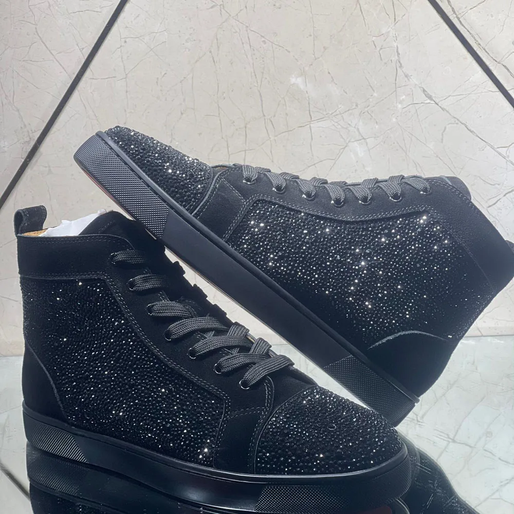 

Туфли мужские/женские высокие, натуральная замша, кожа, кристаллы, красные, повседневные лоферы, плоская подошва, свадебные кроссовки, шипы с бриллиантами, черные