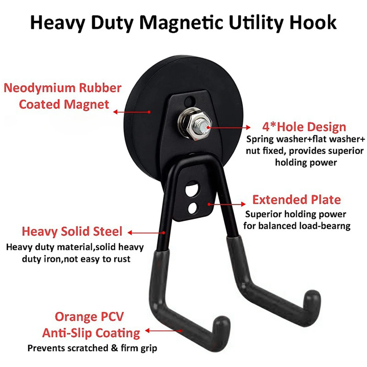 2Pcs Garage Magnetic Hooks Heavy Duty Magnetic Hangers with Anti-Slide Coating Strong Magnets Metal Hooks Utility Magnetic 4