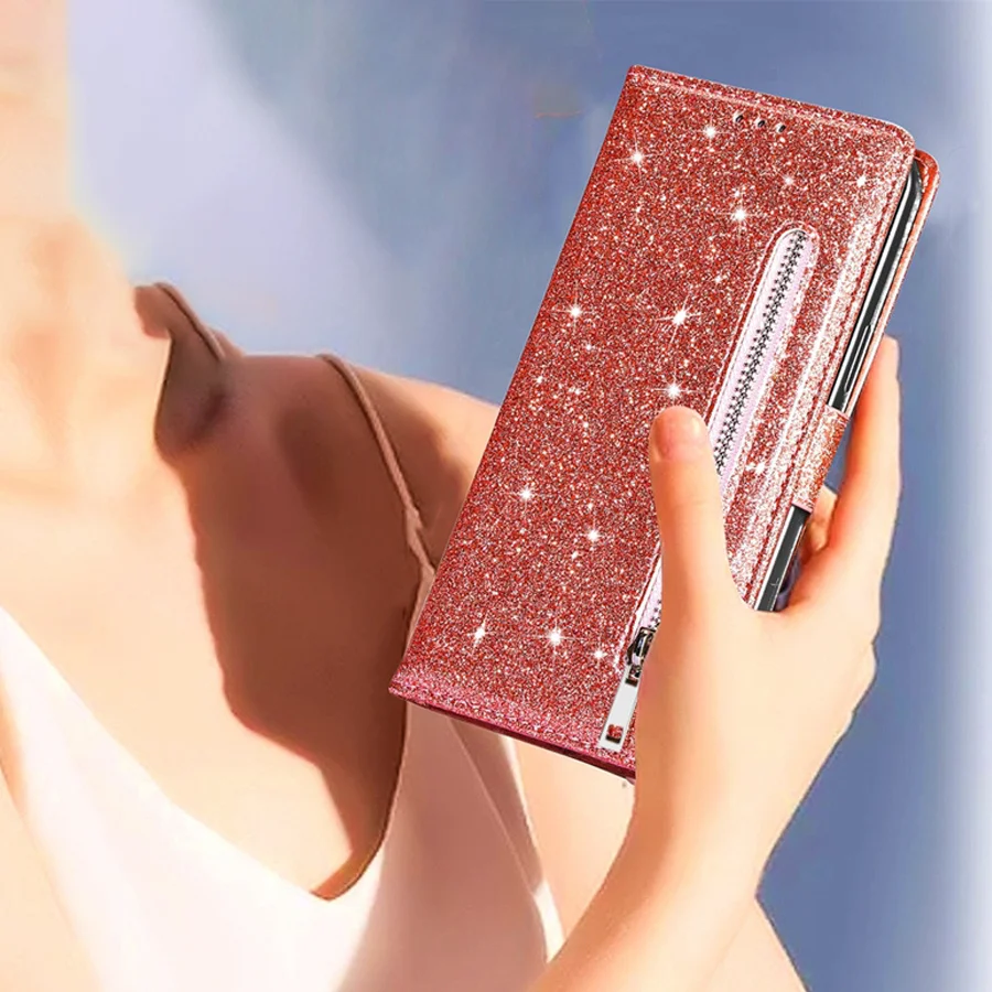 Glitter Zipper Magnetic Flip Leather Wallet Case with Card Slot and Hand Strap