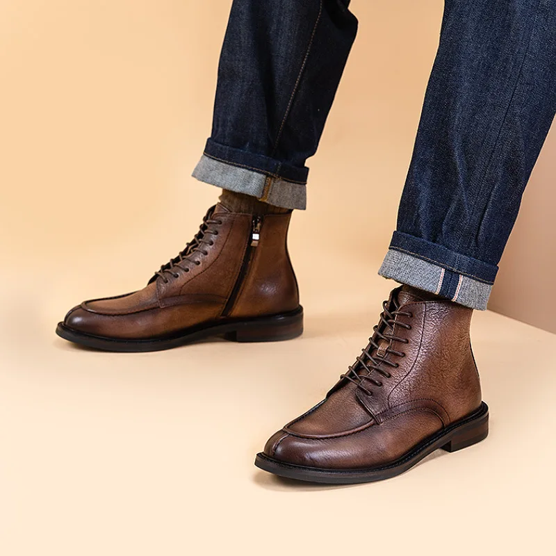 

Real Leather Men's Ankle Casual Business Boots Shoes Luxury Genuine Leather Elegant British Style Designer Wedding Social Shoes