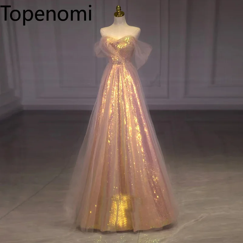 

Topenomi Bling Pink Evening Dresses Women 2024 Summer Boat Neck Slim Waist Mesh A-line Prom Party Gown Elegant Formal Vestidos