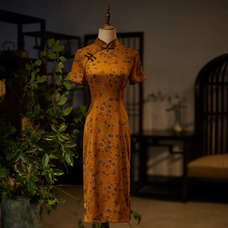 

Elegant Retro Women Traditional Mandarin Collar Chinese Qipao Floral Butterfly Printed Satin Knee-Length Cheongsam Dresses