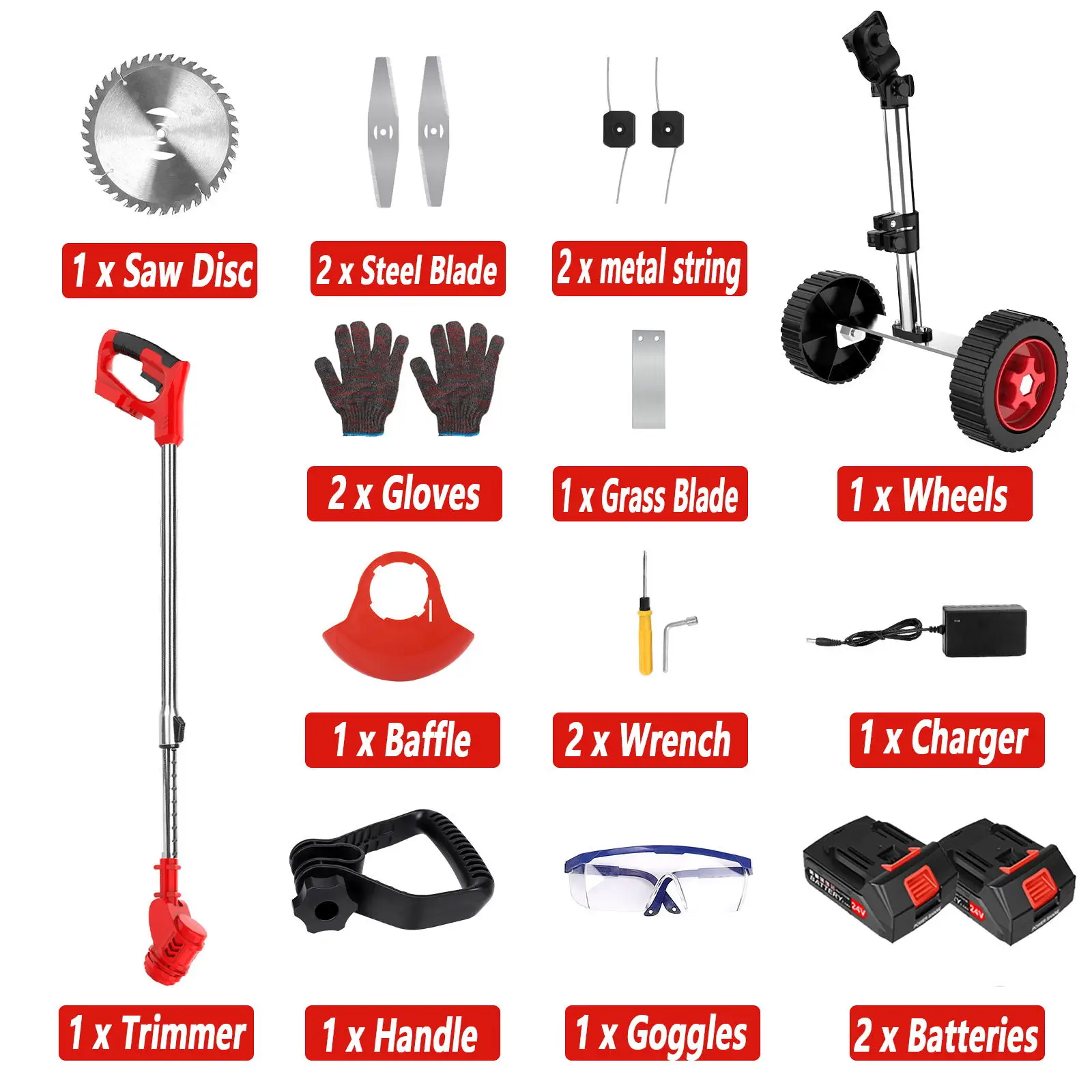 24V Electric Lawn Mower Weed Wacker 21000RPM Cordless Grass String Trimmer Adjustable Foldable Cutter For Makita with Iron Wheel 6
