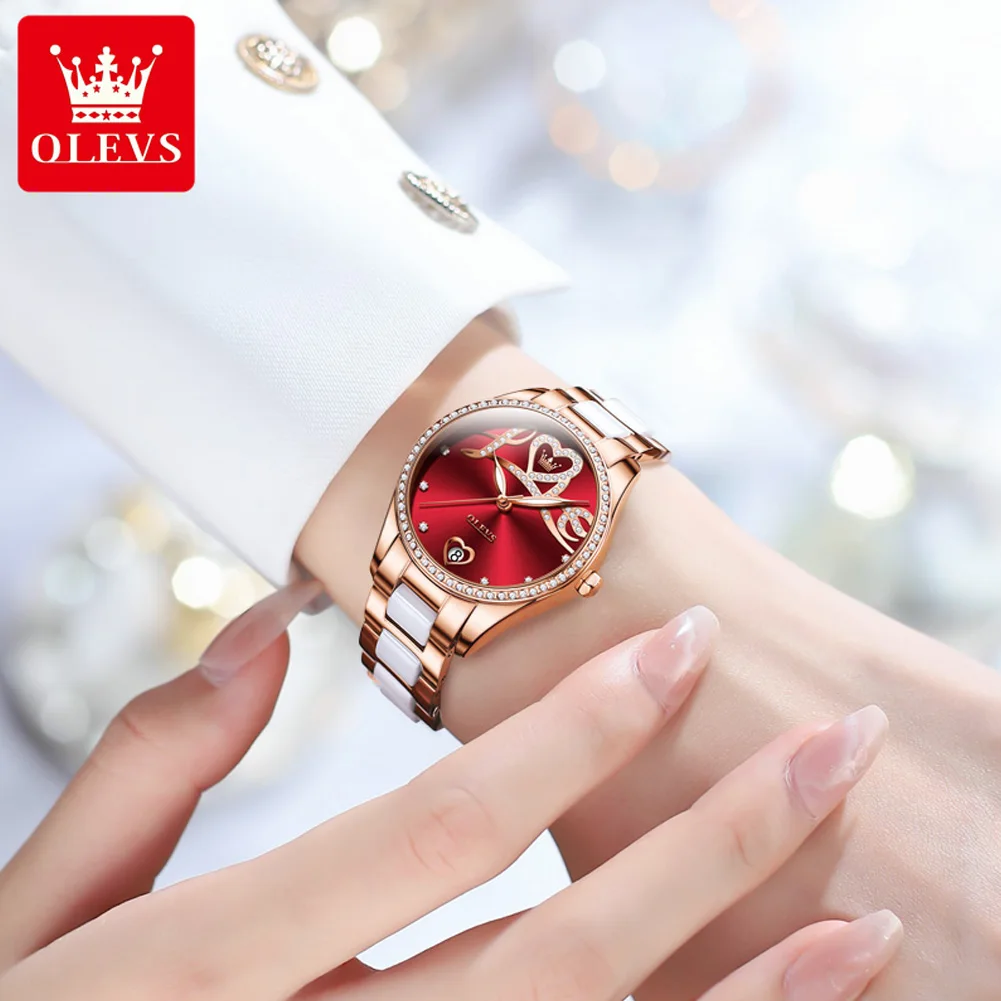 OLEVS-Reloj de pulsera automático Original para mujer, elegante reloj de pulsera mecánico con correa de cerámica, esfera 