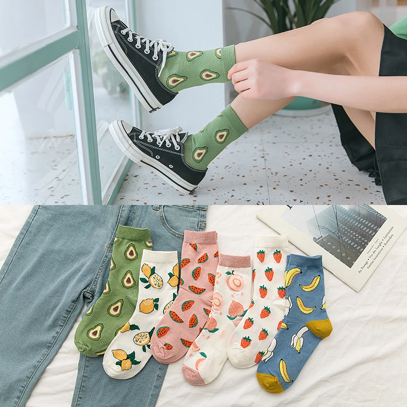

Women Socks Colorful Cartoon Banana Avocado Egg Burger Dessert Funny Harajuku Happy Hip Hop Street Female Cotton Socks