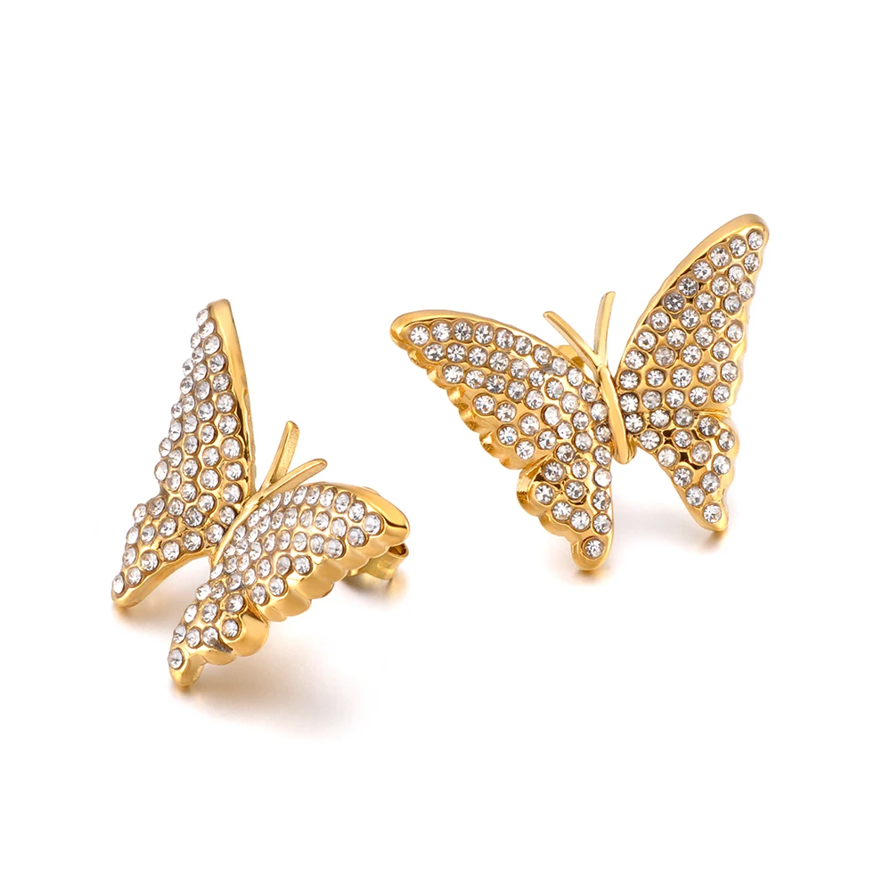 JeeMango Edelstahl 18K vergoldete Schmetterlings-Ohrringe für Damen, modischer Luxus-Strass-Schmetterlingsschmuck E26076 – Detail 2