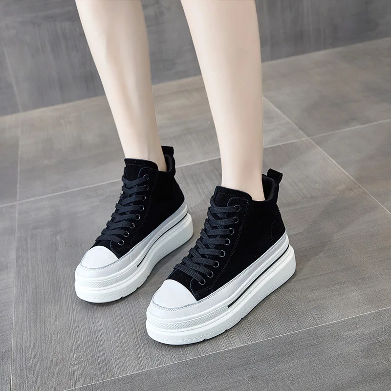 

Thick Sole Casual Sneakers Women Cow Suede Leather Round Toe Lace-Free High Top Ladies Retro Fashion Platform Shoes Handmade