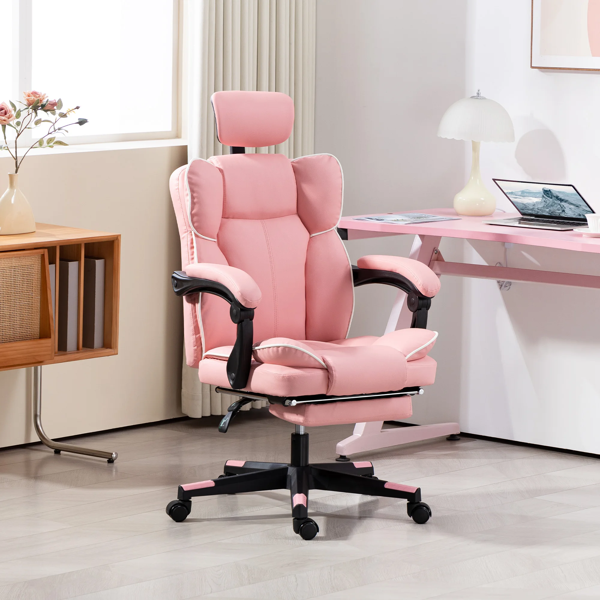 Pu Leather Office Chair, Executive Desk Chair with Headrest, Foot Rest, Swivel Wheels, Reclining Computer Chair, Pink 2