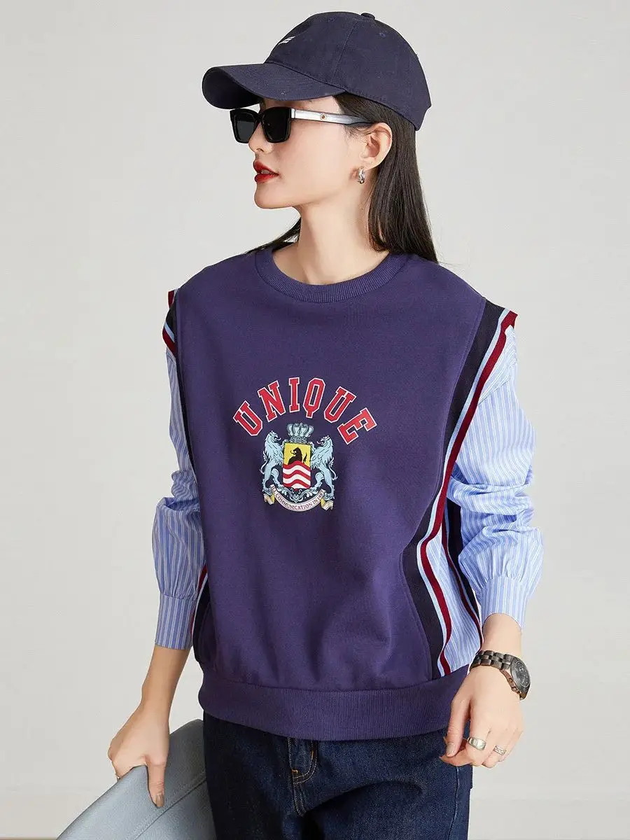 LOUIS YAO Women Sweatshirt Fake Two Pieces 2024 Spring Print Letter Loose Fit Round Neck Long Sleeve Casual Pullover Women's Top