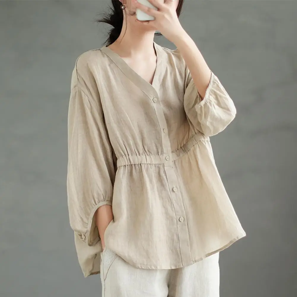 Women Spring Summer Shirt V-neck Half Sleeve Solid Color Pullover Tops Waist Tight Thin Loose Fit Breathable Blouse Streetwear ms wind toning belt width show thin waist sealing belt palace ultra loose waist tight closure