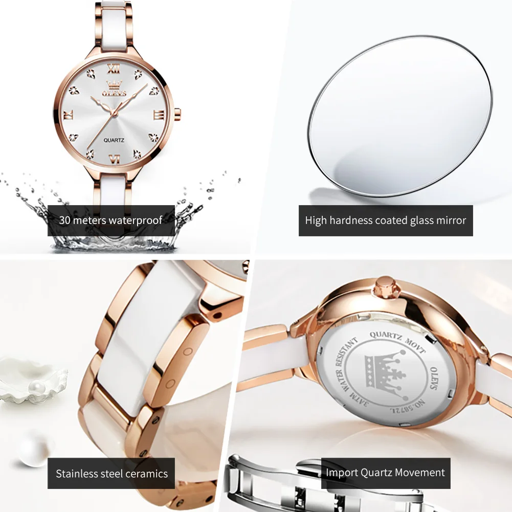 OLEVS Quartz Watch for Women Waterproof Ceramic Strap Diamond Inlay Fashion Elegant Ladies Wristwatches Gift Box Set Reloj Mujer