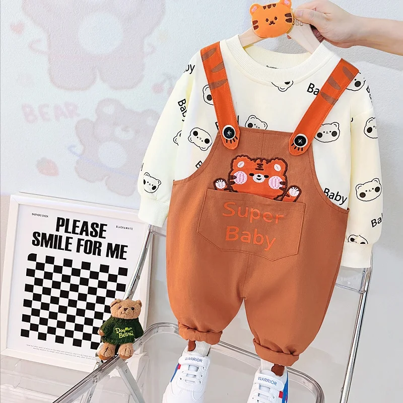 

Spring 0-4 year old baby cartoon bear long sleeve suit boys and girls' letter sweater suspenders two-piece simple casual sportsw