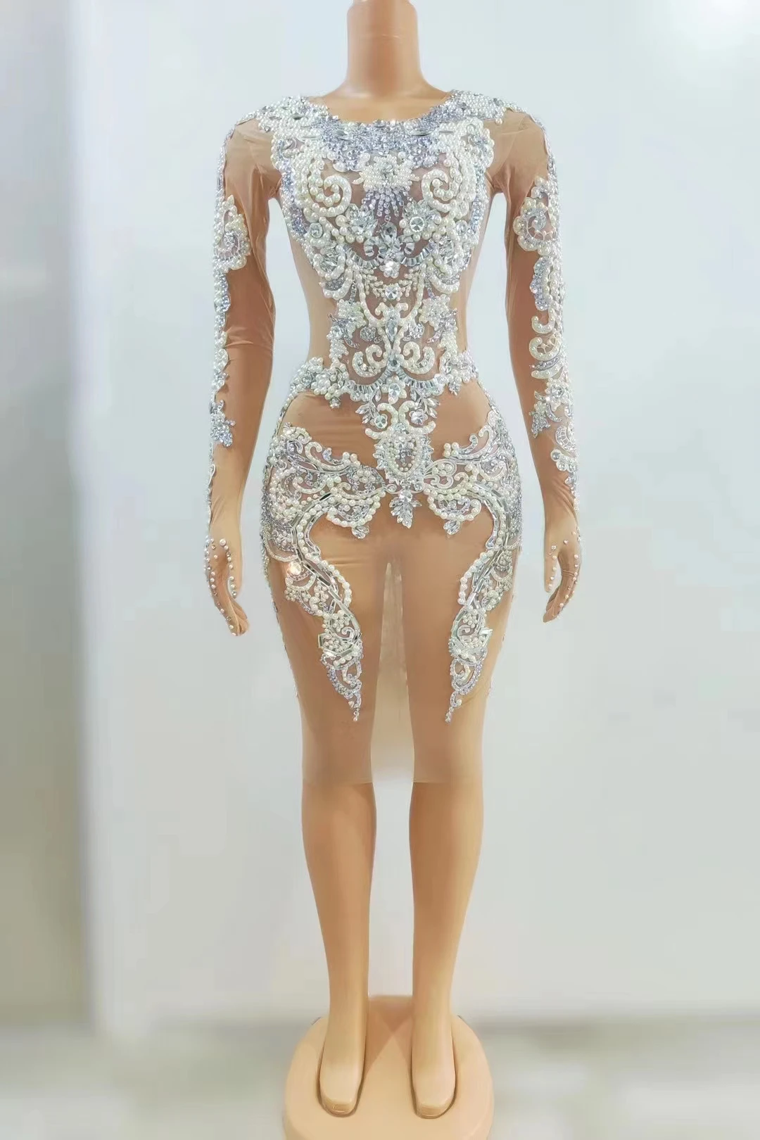 

Singer Sparkly Pearls Lace Mesh Dress Sexy SeeThrough Birthday Celebrate Dresses Outfit PartyDance stage costume A381