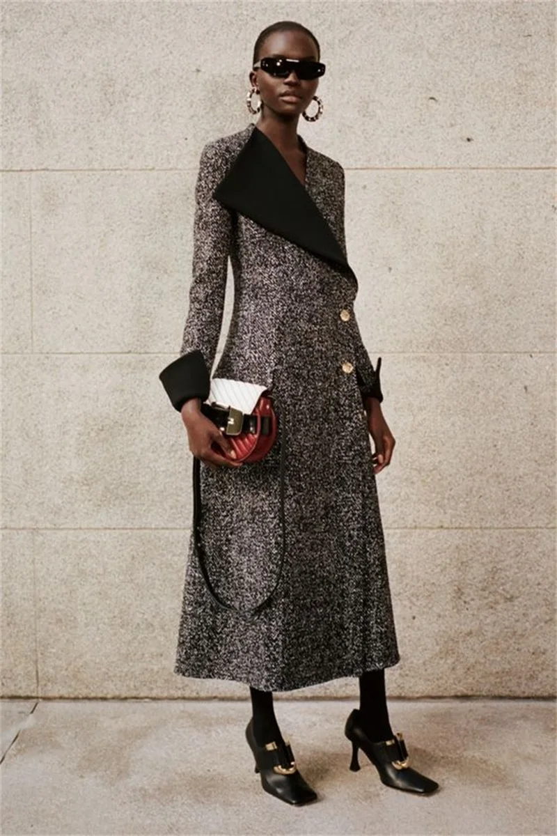

Pinstripe Black Lapel Women Overcoat Long Jacket Formal Winter Cashmere Wide Cut Trench Coat Elegant Ankle Length Prom Dress