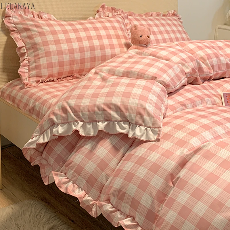

Летние комплекты постельного белья в клетку розового цвета, постельное белье из промытого хлопка, пододеяльник, простыня, двуспальный, Королевский, в стиле принцессы, покрывало
