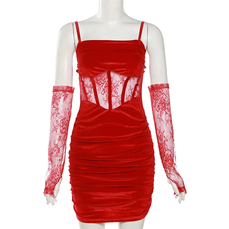 Nibber Winter Bachelor Party Solid Coquette Velvet Tight Sexy Fit Hot Mature Charm Women Fishbone Sling Dress With Lace Sleeve