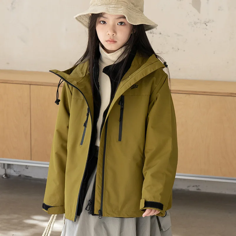 Children Outdoor Assault Suit Girl Three-in-one Windproof and Waterproof Jacket Color Matching Mountaineering Camping Jacket