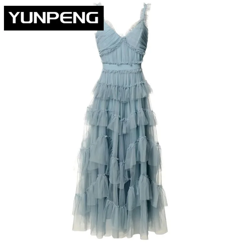 

2023 Runway Luxury Brand High Quality Summer Mesh Dress Women Spaghetti Strap V-Neck Cascading Ruffle Elegant Party Long Dresses