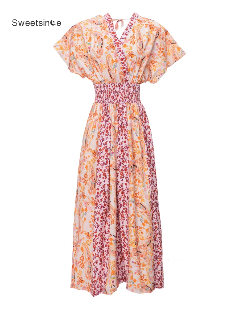

Sweetsince Loose Comfortable Casual Dress Women's Spring Summer 2023 New Printed Bat Sleeve Elastic Waist Short Sleeve Pleated