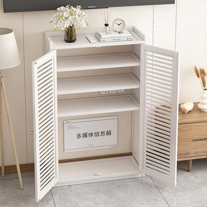 No-Drill WiFi Organizer Cabinet Wall-Mounted Router Shelf with Cable Holes & Sleek Cover for Dustproof Modem Set-top Box 1