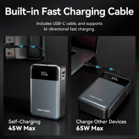 Vention 65W Portable Power Bank 20000mAh PD Fast Charging with Built-in USB Type-C Cable for Laptops iPhone 16 15 14 13 Pro Max 2
