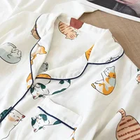 Japanese Summer Ladies New Pajamas Two-piece 100% Cotton Gauze Thin Short-sleeved Shorts Cute Cat Cartoon Home Service Set Women - Image 4