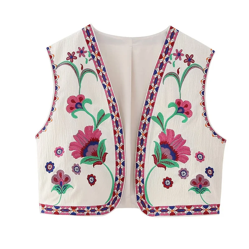 Women Vintage Floral Embroidered Open WaistCoat Ladies National Style Vest Jacket Outfits Casual Vacation Crop Top