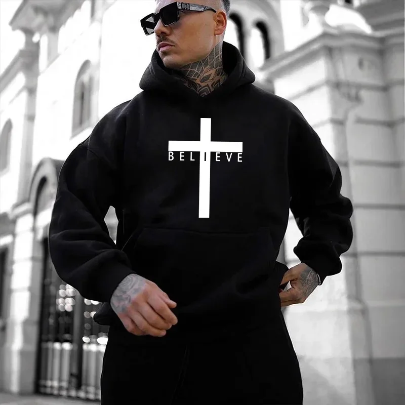 Jesus Cross Hoodie - Men's Urban Fashion Fleece Hoodie | Autumn Winter Casual Wear