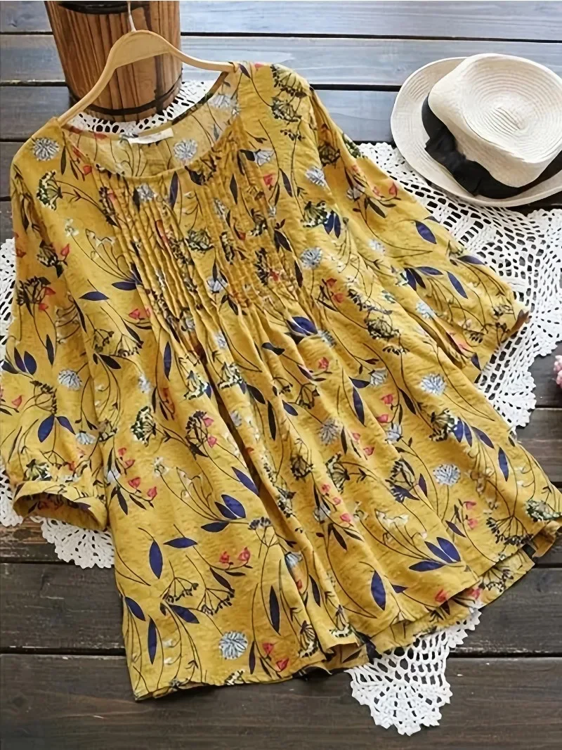 Women’s Plus Size Floral top - Loose Sleeve Retro oversize Shirt