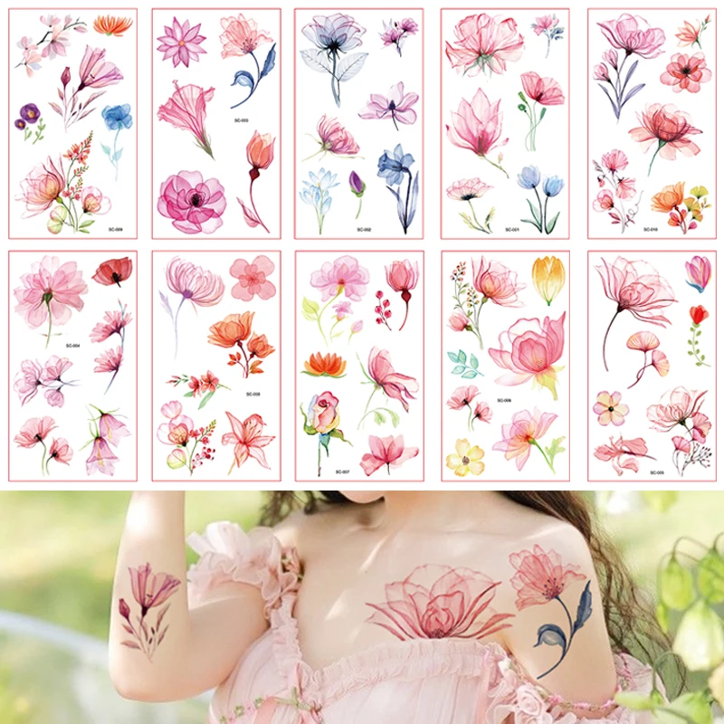 Tatuaje temporal pequeño impermeable para hombres y mujeres, pegatina colorida de acuarela, flores, hojas, Planeta, arte corporal, muñeca, cuello,