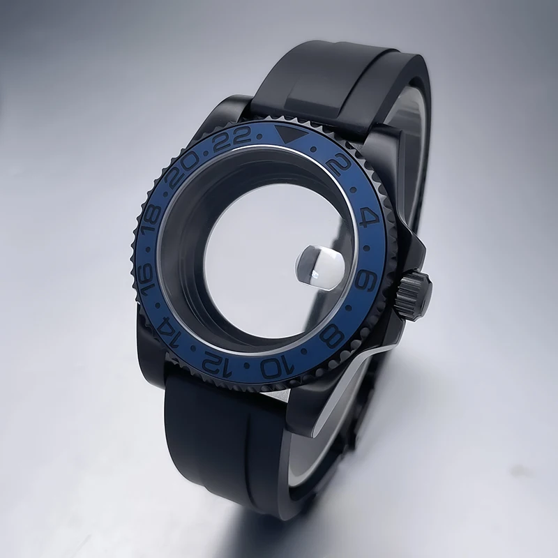 All-Black Sub Style Watch Case with Rubber Strap and Sapphire Crystal