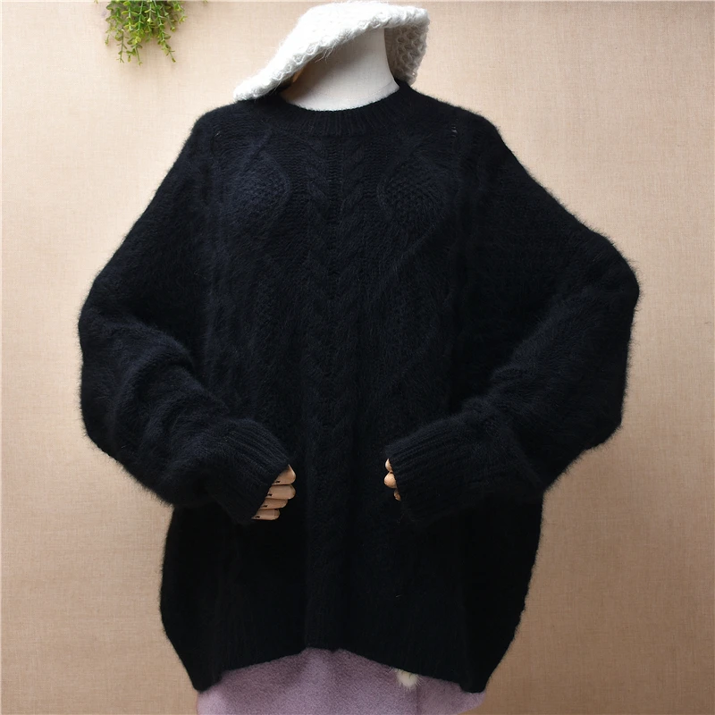 

04 Ladies Women Fall Winter Clothing Black Soft Angora Rabbit Hair Knitted Long Sleeves O-Neck Loose Pullover Jumper Sweater Top