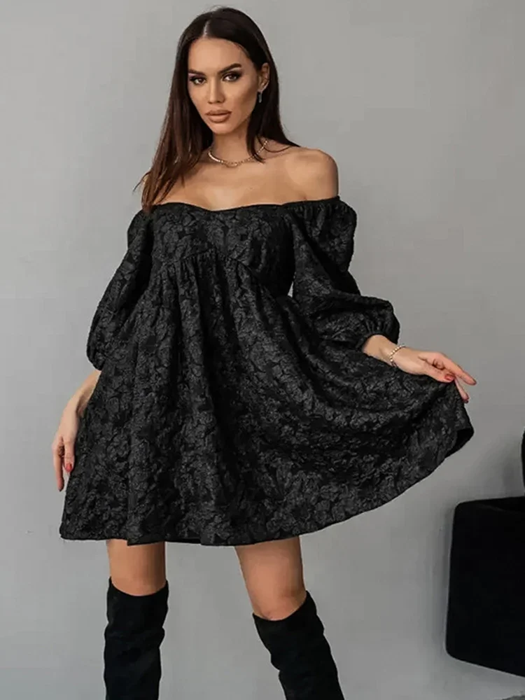 

Jacquard V-neck Dress For Women Bubble Sleeve Niche Design Solid Color Loose Fashion Ladies Short Dress 2024 Summer New