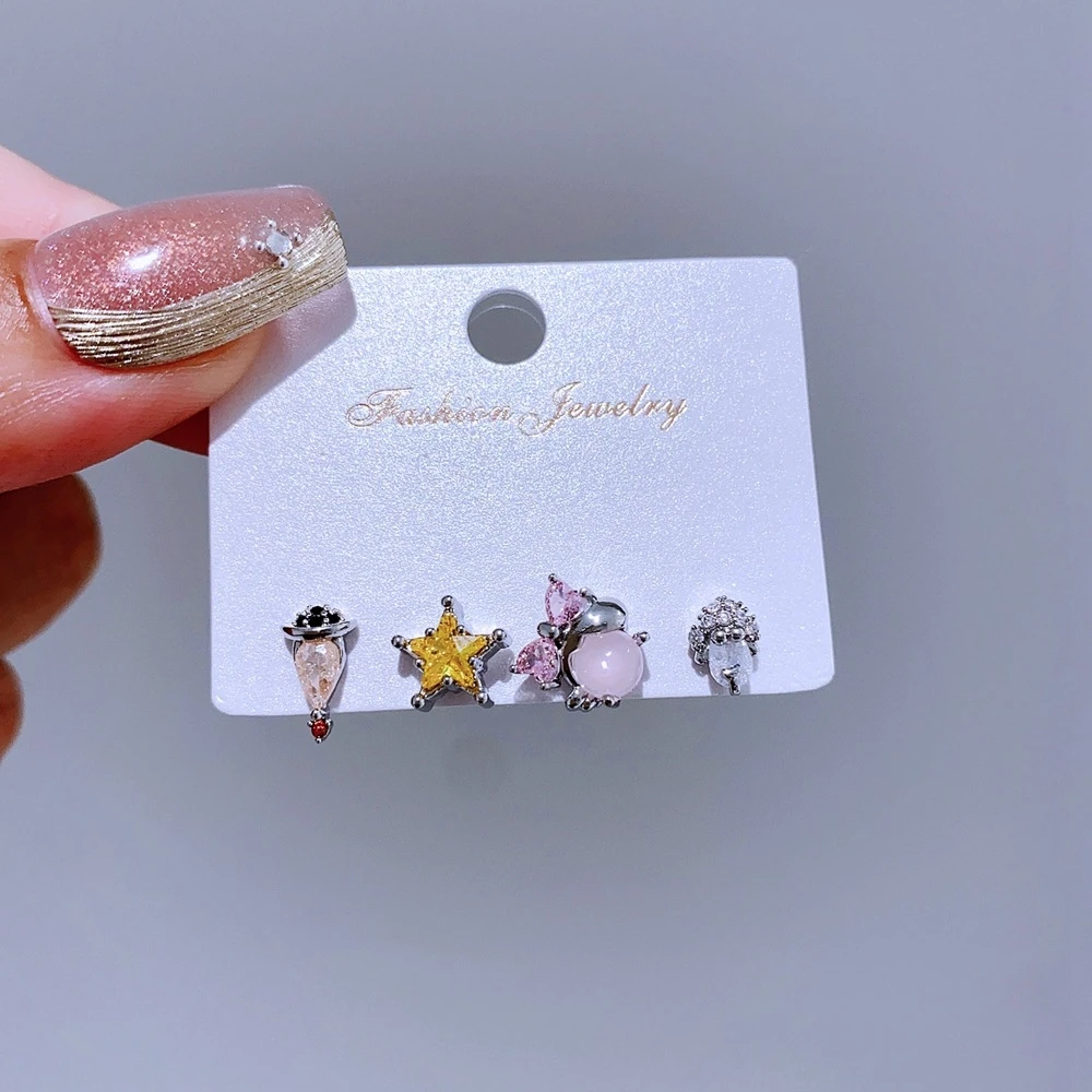 4pcs/set Mix and Match Sweet Cartoon Stud Earrings for Women Girls Multicolor Cubic Zircon Jewelry