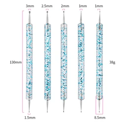 Dual-Ended Nail Art Dotting Tools with Rhinestone Handles - Gel Liner and Flower Pattern Brush Set (5pcs) (Blue)