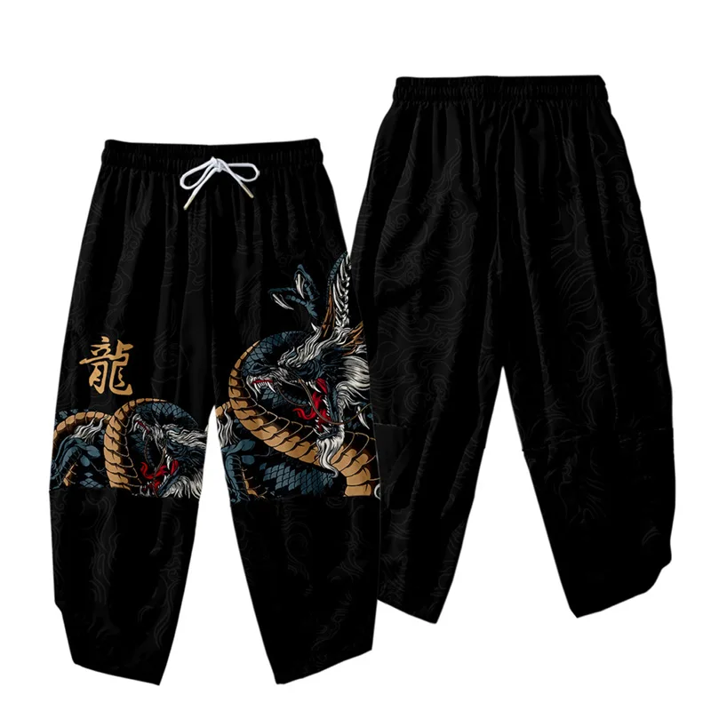 Japanese Kimono Pants Women Men Samurai Dragon Print Harem Pants Loose Elastic Waist Chinese Style Cosplay Trousers 4