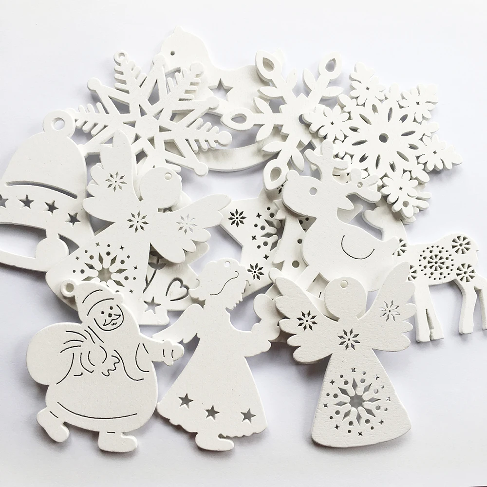 10Pcs Christmas Wooden Chips Slice Christmas Pendant Red White Snowflake Xmax Tree Hanging Pendant Christmas Decorations Crafts