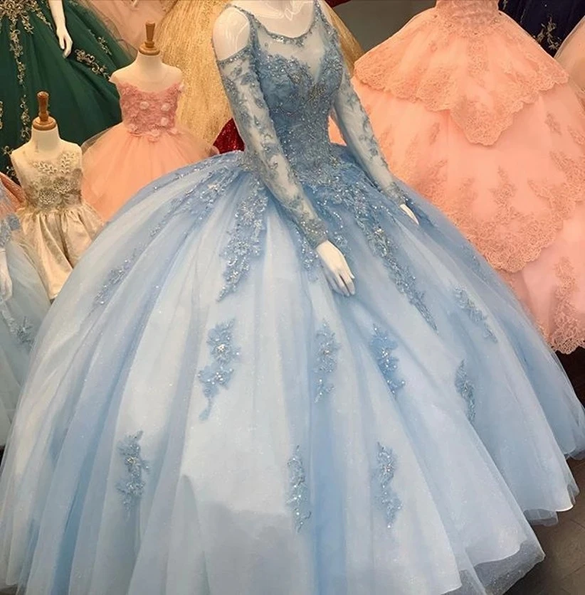 

ANGELSBRIDEP Sheer Long Sleeve Quinceanera Dresses 15 Party Scoops Neck Applique Sweet 16 Cinderella Birthday Gowns Custom Made