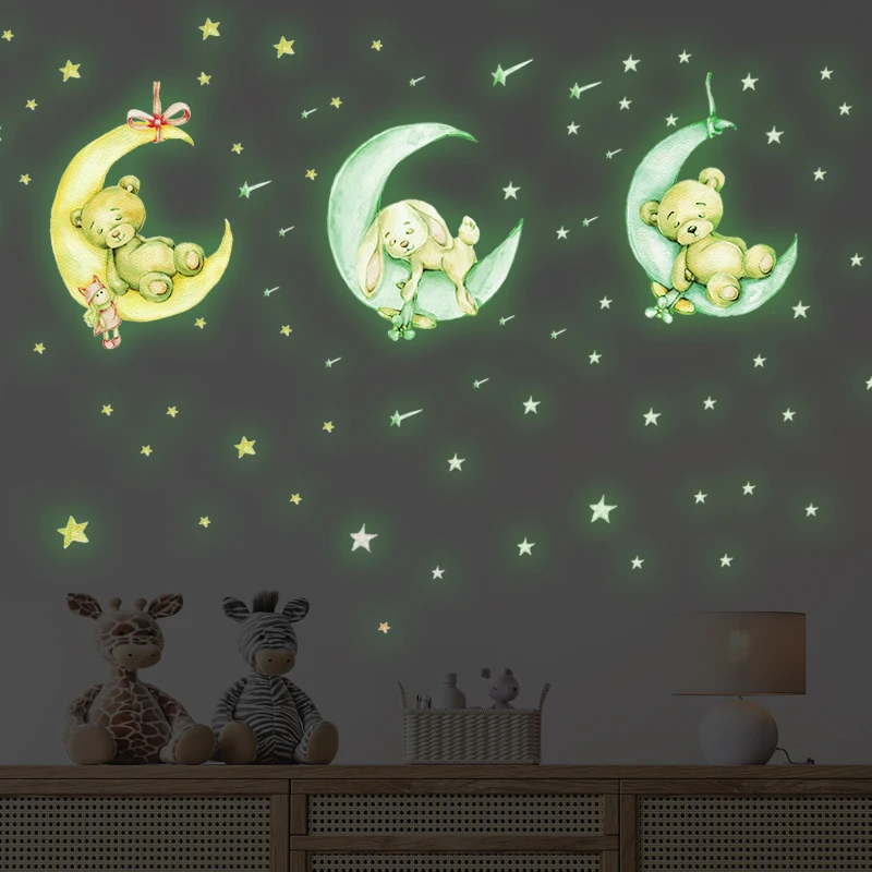 Tiny Cute Luminous Wall Stickers Teddy Bear on the Moon Stars Glow in