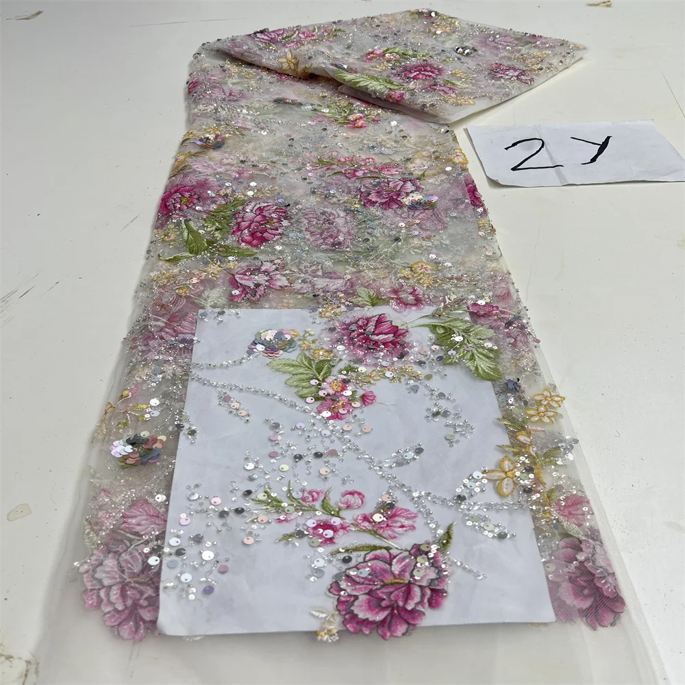 2 Yards Luxury French Mesh Beaded Lace Fabric African Sequins Groom Lace Fabrics for Nigerian Wedding Dress 2025 sequins jacquard lace fabric cotton voile lace fabric brocade lace fabric