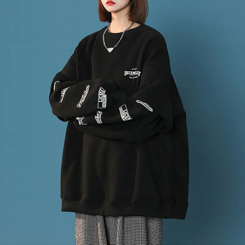 Letter Sweatshirts Women Vintage Students Fake 2 Pcs Designed Ulzzang Streetwear BF Couple Harajuku Classic Chic All-match